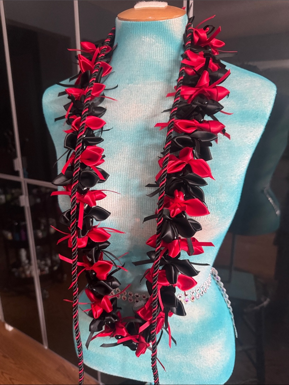 Handmade Red and Black Ribbon Lei Set-ACCESSORIES INCLUDED